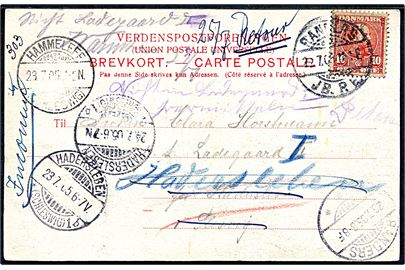 10 øre Chr. IX på brevkort fra Randers d. 22.7.1905 Haderslev, Nordslesvig - eftersendt flere gange med bl.a. stempel Hammeleff (Schleswig) og returneret som ubekendt.