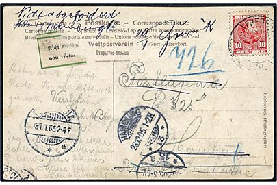 10 øre Chr. IX på brevkort annulleret med svagt bureaustempel Fredericia - Struer d. 23.12.1904 til poste restante i Hamburg, Tyskland. Retur med 2-sproget returetiket som ikke afhentet. 
