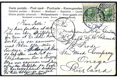 5 øre Fr. VIII i parstykke på brevkort fra Kjøbenhavn d. 23.5.1909 til maskinmester ombord på dampskibet S/S Frode i Onega i Hvidehavet i Nordrusland. 