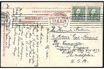 5 øre Fr. VIII i parstykke på brevkort fra Kjøbenhavn d. 17.2.1910 til hovmester ombord på dampskibet S/S Astoria i Philadelphia, USA.