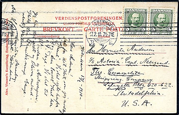 5 øre Fr. VIII i parstykke på brevkort fra Kjøbenhavn d. 17.2.1910 til hovmester ombord på dampskibet S/S Astoria i Philadelphia, USA.
