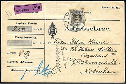 25 øre Fr. VIII single på adressebrev for værdipakke fra Rudkjøbing d. 15.11.1907 til Kjøbenhavn.
