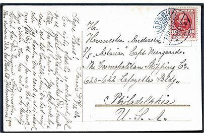 10 øre Fr. VIII på brevkort fra Korsør d. 15.12.1909 til hovmester ombord på dampskibet S/S Astoria i Philadelphia, USA.
