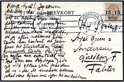 15/24 øre Provisorium på brevkort fra København d. 10.7.1921 til Guldborg F. Sen anvendelse.