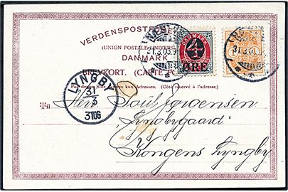 1 øre Våben og 4/8 øre Provisorium på brevkort fra Næstved d. 31.3.1905 til Lyngby.