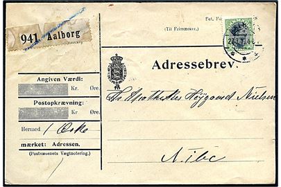 30 øre Chr. X single på adressebrev for pakke fra Aalborg d. 27.3.1919 til Nibe.