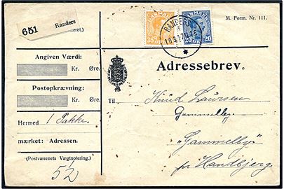 20 re og 35 øre Chr. X på adressebrev for pakke fra Randers d. 10.3.1917 til Handbjerg.