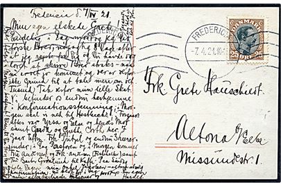 25 øre Chr. X på brevkort fra Fredericia d. 7.4.1921 til Altona, Tyskland.