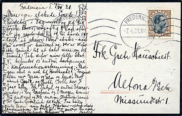 25 øre Chr. X på brevkort fra Fredericia d. 7.4.1921 til Altona, Tyskland.