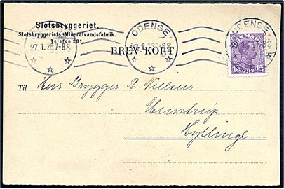 15 øre Chr. X på fortrykt brevkort fra Slotsbryggeriet i Odense d. 27.1.1926 til Hyllinge. Slotsbryggeriet var en afdeling af Albani Bryggeri.