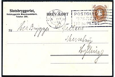 10 øre Chr. X 60 år på fortrykt brevkort fra Slotsbryggeriet i Odense d. 5.2.1931 til Hyllinge. Slotsbryggeriet var en afdeling af Albani Bryggeri.