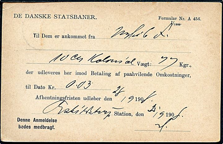 3 øre Bølgelinie på adviskort fra De Danske Statsbaner sendt lokalt i Eskildstrup d. 25.9.1908.