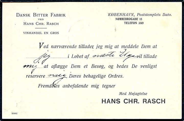 4 øre Bølgelinie på fortrykt tryksagskort fra Kjøbenhavn d. 22.1.1909 til Holte. Meddelelse fra Dansk Bitter Fabrik sved Hans Chr. Rasch, Nørrebrogade 15.