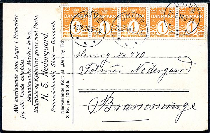 1 øre Bølgelinie i vandret 5-stribe på brevkort fra Skive d. 22.12.1914 til Bramminge.