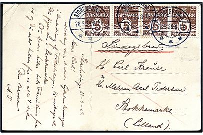 5 øre Bølgelinie (4) på 20 øre frankeret tidligt søndagsbrevkort fra Storehedinge d. 28.9.1929 til Stokkemarke. 