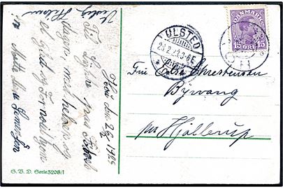 15 øre Chr. X på brevkort annulleret med stjernestempel HOV og sidestemplet Ulsted d. 28.2.1923 til Hjallerup.