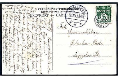 5 øre Bølgelinie på brevkort (parti fra Simmebølle) annulleret med stjernestempel SIMMEBØLLE og sidestemplet Rudkjøbing d. 19.1.1913 til Tryggelev.