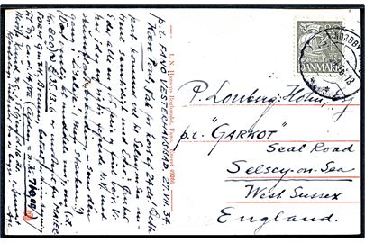 20 øre Karavel tysk papir på brevkort stemplet Nordby Fanø d. 27.7.1934 til Selsey-on-Sea, England.