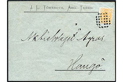 20 pen. Våben på brev fra Åbo annulleret med figurstempel til Hangö. På bagsiden ank.stemplet i Hangö d. 13.6.1894.