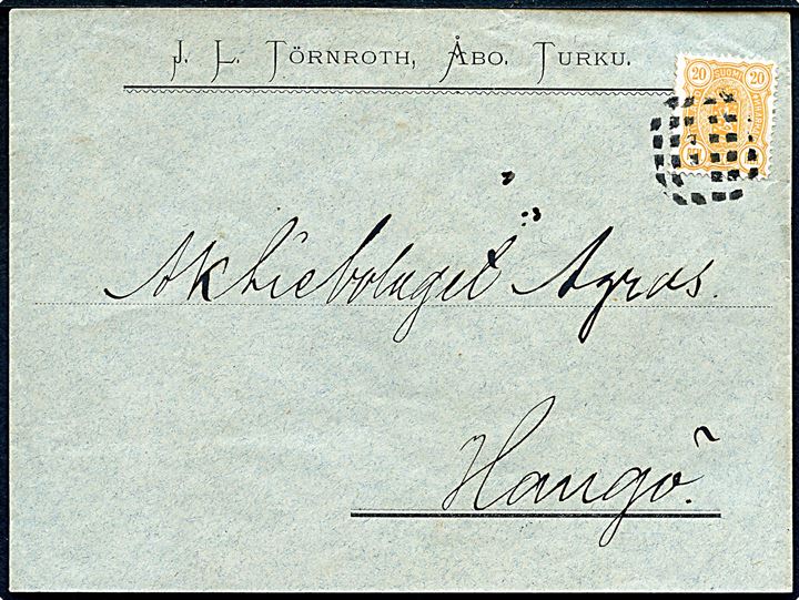 20 pen. Våben på brev fra Åbo annulleret med figurstempel til Hangö. På bagsiden ank.stemplet i Hangö d. 13.6.1894.