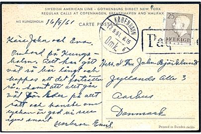 25 öre Gustaf på brevkort (M/S Kungsholm) annulleret med dansk skibsstempel Paquebot og sidestemplet København d. 17.9.1961 til Aarhus.