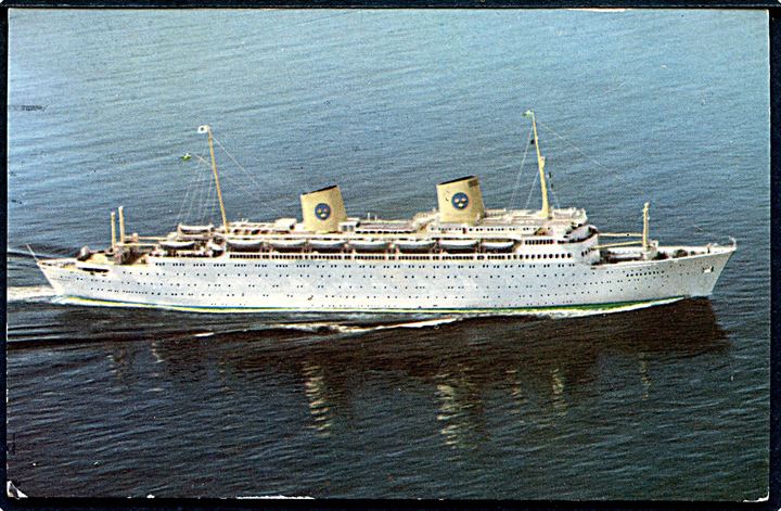 25 öre Gustaf på brevkort (M/S Kungsholm) annulleret med dansk skibsstempel Paquebot og sidestemplet København d. 17.9.1961 til Aarhus.