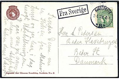 5 öre Gustaf på brevkort fra Baltiska Utställning i Malmö annulleret med dansk stempel i Kjøbenhavn d. 2.6.1914 og sidestemplet Fra Sverige til Beder.