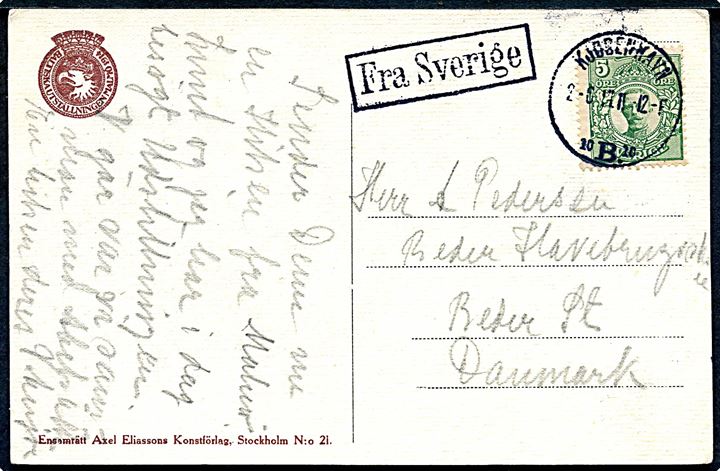 5 öre Gustaf på brevkort fra Baltiska Utställning i Malmö annulleret med dansk stempel i Kjøbenhavn d. 2.6.1914 og sidestemplet Fra Sverige til Beder.