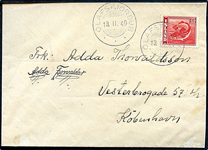 25 aur Torsk på brev fra Ólafsfjordur d. 13.2.1940 til København. Uden tegn på censur. 
