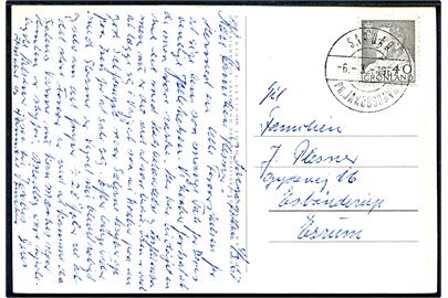 40 øre Fr. IX på brevkort (Alex Secher: Fjord med isbjerge) annulleret med pr.-stempel Sarqaq pr. Jakobshavn d. 6.3.1967 til Esbønderup pr. Esrum.