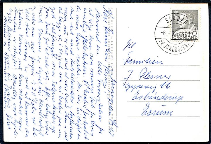 40 øre Fr. IX på brevkort (Alex Secher: Fjord med isbjerge) annulleret med pr.-stempel Sarqaq pr. Jakobshavn d. 6.3.1967 til Esbønderup pr. Esrum.