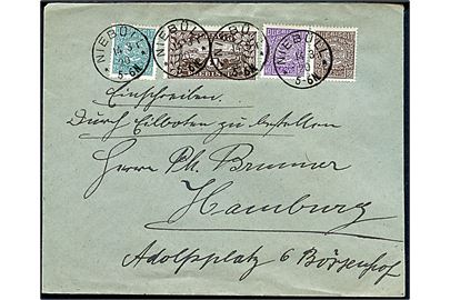 35 pfg., 40 pfg., 75 pfg. og 1 mk. Fælles udg. på anbefalet ekspresbrev fra Niebüll d. 14.3.1920 til Hamburg. Uden rec.- eller ekspres-etiket.