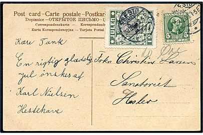 5 øre Chr. IX og Julemærke 1906 på julekort fra Præstø d. 23.12.1906 til Haslev.