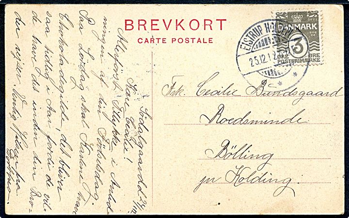 3 øre Bølgelinie på lokalt brevkort (Blidstrup) dateret Sødalgaard annulleret med brotype Ia Eistrup Holdepl. d. 25.12.1912 til Bølling pr. Kolding.
