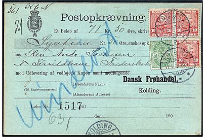 5 øre Våben og 10 øre Chr. IX (3) på retur Postopkrævning fra Kolding d. 11.1.1906 til Frederikshavn.