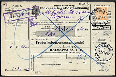 30 øre Chr. X single på lokal retur Indkasserings-postanvisning i Kjøbenhavn d. 2.3.1922.
