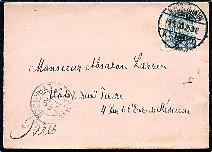 20 øre Våben single på brev fra Kjøbenhavn d. 15.6.1900 til Paris, Frankrig.
