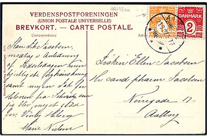 1 øre med variant klicherids gennem kronen og 2 øre Bølgelinie på brevkort (Aalborg, Enighedslund) sendt lokalt i Aalborg d. 21.8.1907.