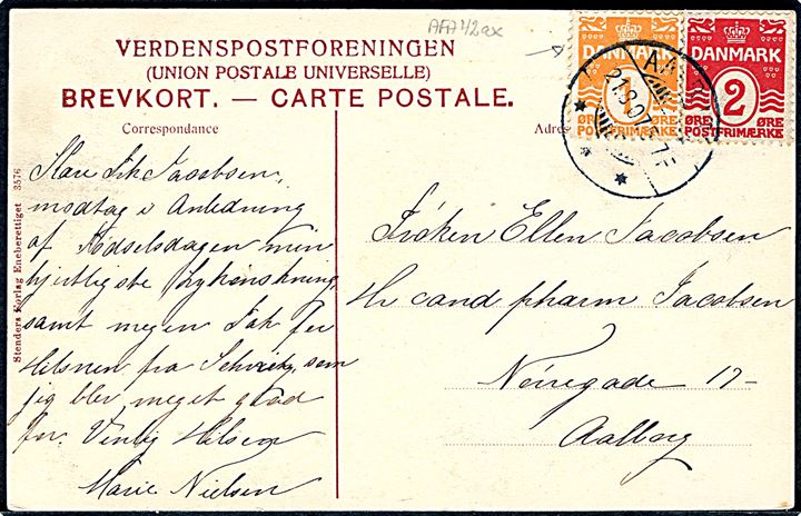 1 øre med variant klicherids gennem kronen og 2 øre Bølgelinie på brevkort (Aalborg, Enighedslund) sendt lokalt i Aalborg d. 21.8.1907.