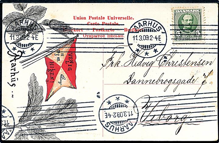 5 øre Fr. VIII på brevkort med håndtegnet illustration fra Aarhus d. 11.3.1909 til Viborg.