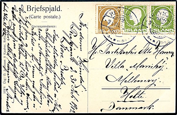 1 eyr (2) og 3 aur Sigurdsson på brevkort (udsigt over Isafjordur) dateret ombord på krydseren Heimdal stemplet Reykjavik d. 31.7.1912 til Holte, Danmark. Heimdal var i sommeren 1912 kadetskib og besøgte i den forbindelse både Island og Færøerne.