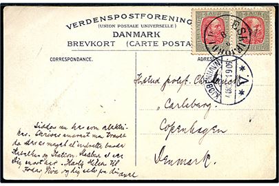 4 aur Chr. IX i parstykke på brevkort (udsigt over Seydisfjördur) annulleret med antiqua Eskifjördur d. 8.9.1906 til Kjøbenhavn, Danmark. Ank.stemplet i Kjøbenhavn d. 31.9.1906.
