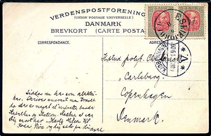 4 aur Chr. IX i parstykke på brevkort (udsigt over Seydisfjördur) annulleret med antiqua Eskifjördur d. 8.9.1906 til Kjøbenhavn, Danmark. Ank.stemplet i Kjøbenhavn d. 31.9.1906.