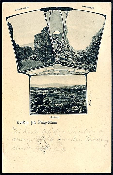 3 aur og 5 aur Chr. IX på brevkort (Partier fra Thingvalla) fra Reykjavik d. 23.9.1903 via Kjøbenhavn d. 5.10.1903 til Odense, Danmark.