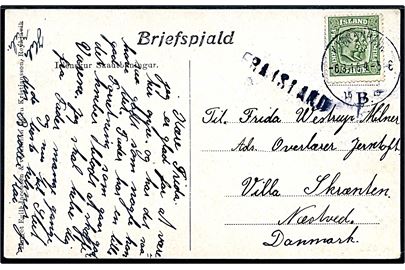 5 aur To Konger på brevkort (Islandsk Brud) annulleret med dansk stempel i Kjøbenhavn d. 6.3.1916 og sidestemplet med skibsstempel Fra Island til Næstved. 