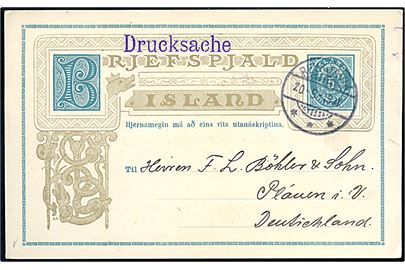 5 aur helsagsbrevkort med fortrykt meddelelse sendt som tryksag fra Reykjavik d. 20.9.1901 til Plauen, Tyskland. Iflg. notat modtaget d. 3.10.1901.