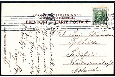 5 øre Fr. VIII på brevkort fra Kjøbenhavn d. 25.4.1908 til Seydisfjördur, Island.