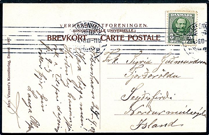 5 øre Fr. VIII på brevkort fra Kjøbenhavn d. 25.4.1908 til Seydisfjördur, Island.