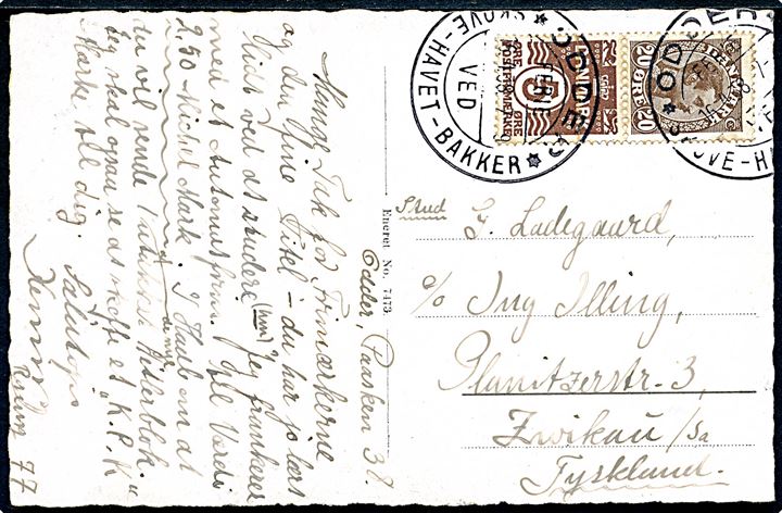 20 øre Chr. X og 5 øre Bølgelinie i lodret automat sammentryk på brevkort annulleret med turiststempel i Odder d. 16.4.1938 til Zwickau, Tyskland. Sen anvendelse.