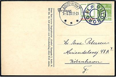 5 øre Bølgelinie og Galle & Jessen Reklamemærke i sammentryk på skak-tryksagskort annulleret med udslebet stjernestempel GULDBORG FL. og sidestemplet Nørre-Alslev d. 3.6.1935 til København.